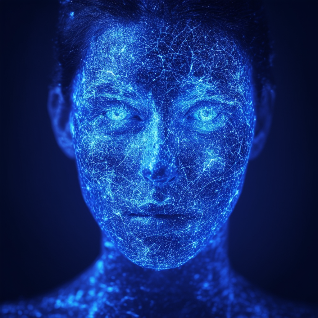 "Digital Human Glow in Blue Light"