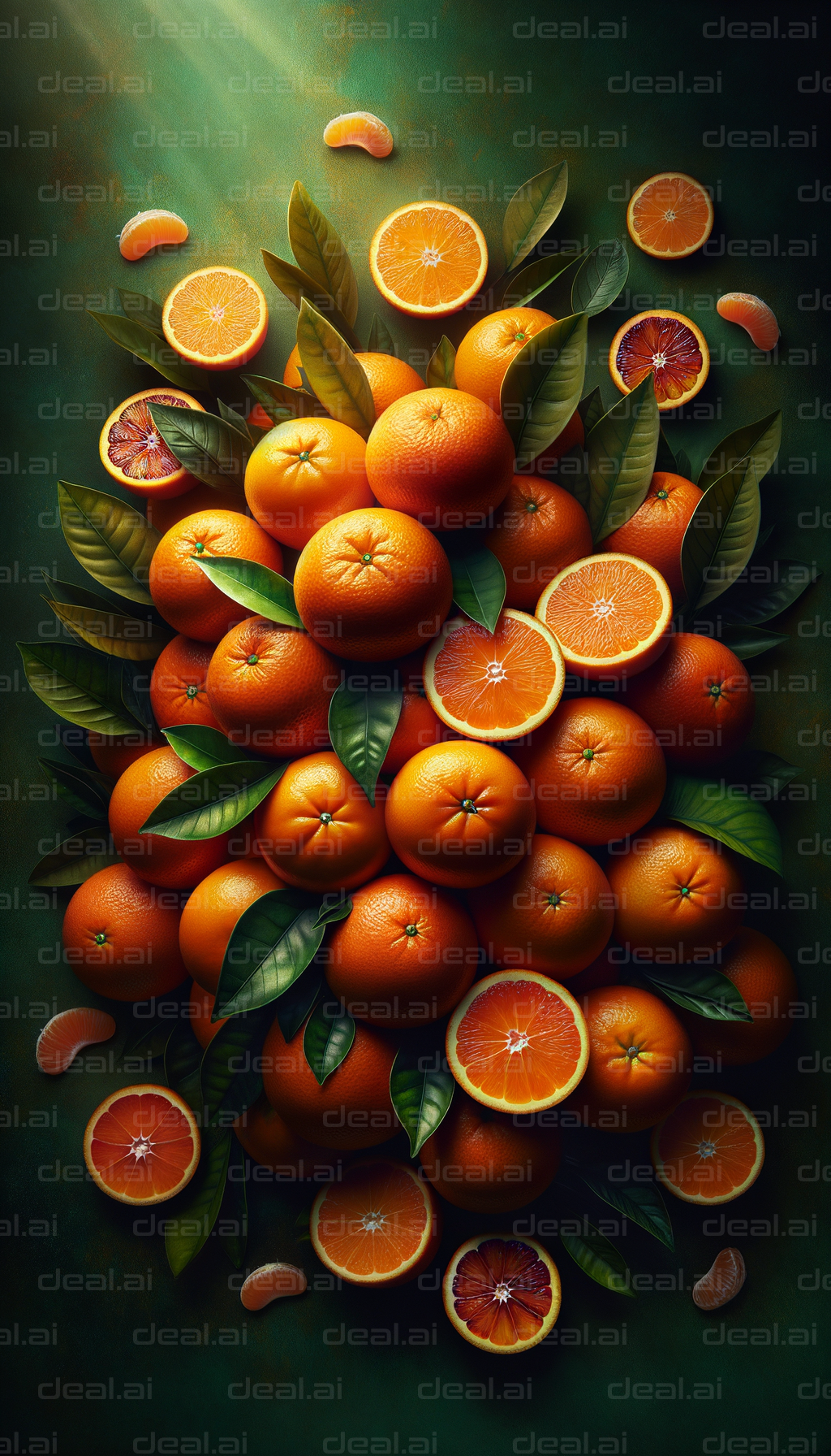 "Fresh Oranges with Leaves and Slices"