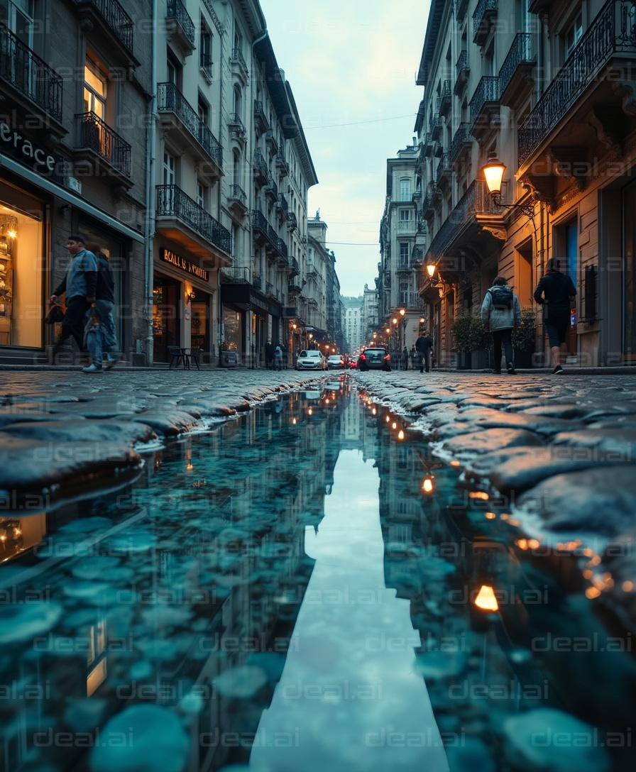 "Evening Reflections on a Cobblestone Street"