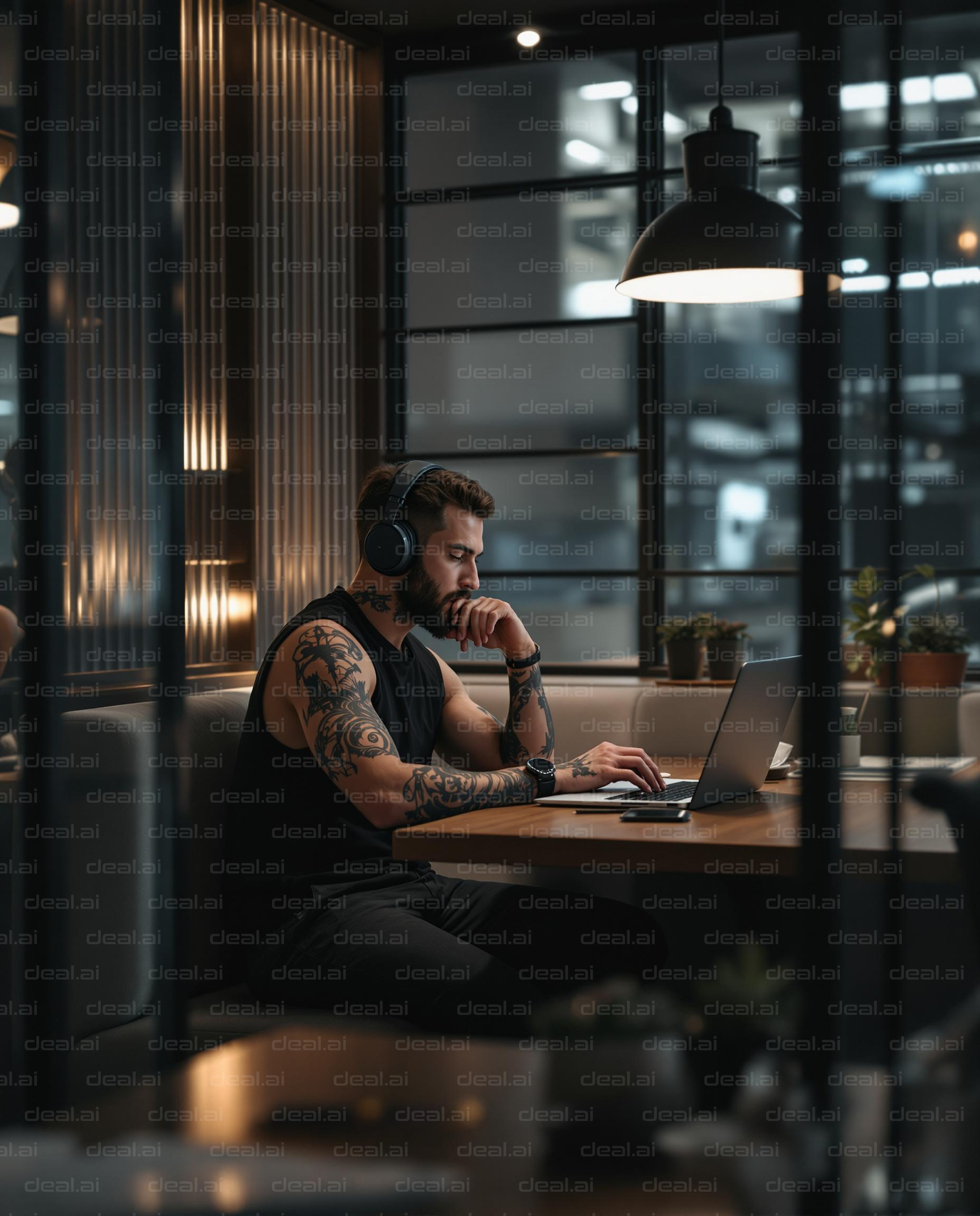 Tattooed Man Working in Cafe