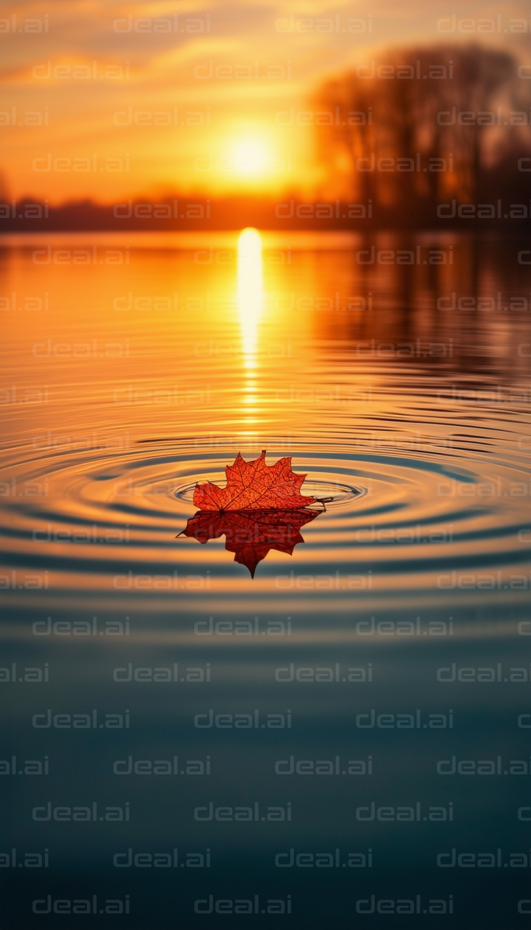 "Leaf Floating at Sunset"