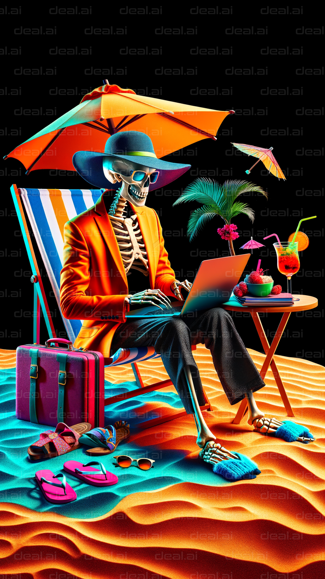 "Skeleton's Beachside Breeze and Laptop"