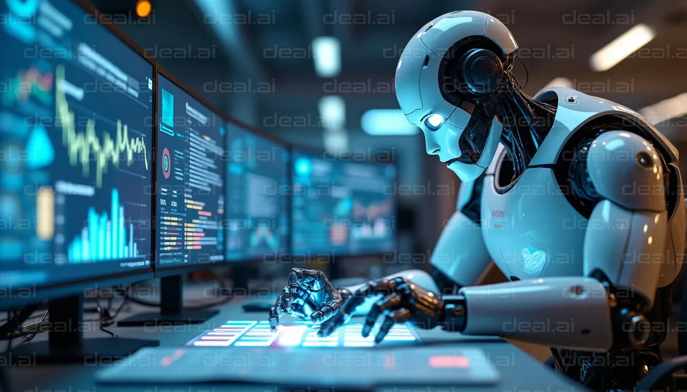 AI Robot Analyzing Data on Multiple Screens