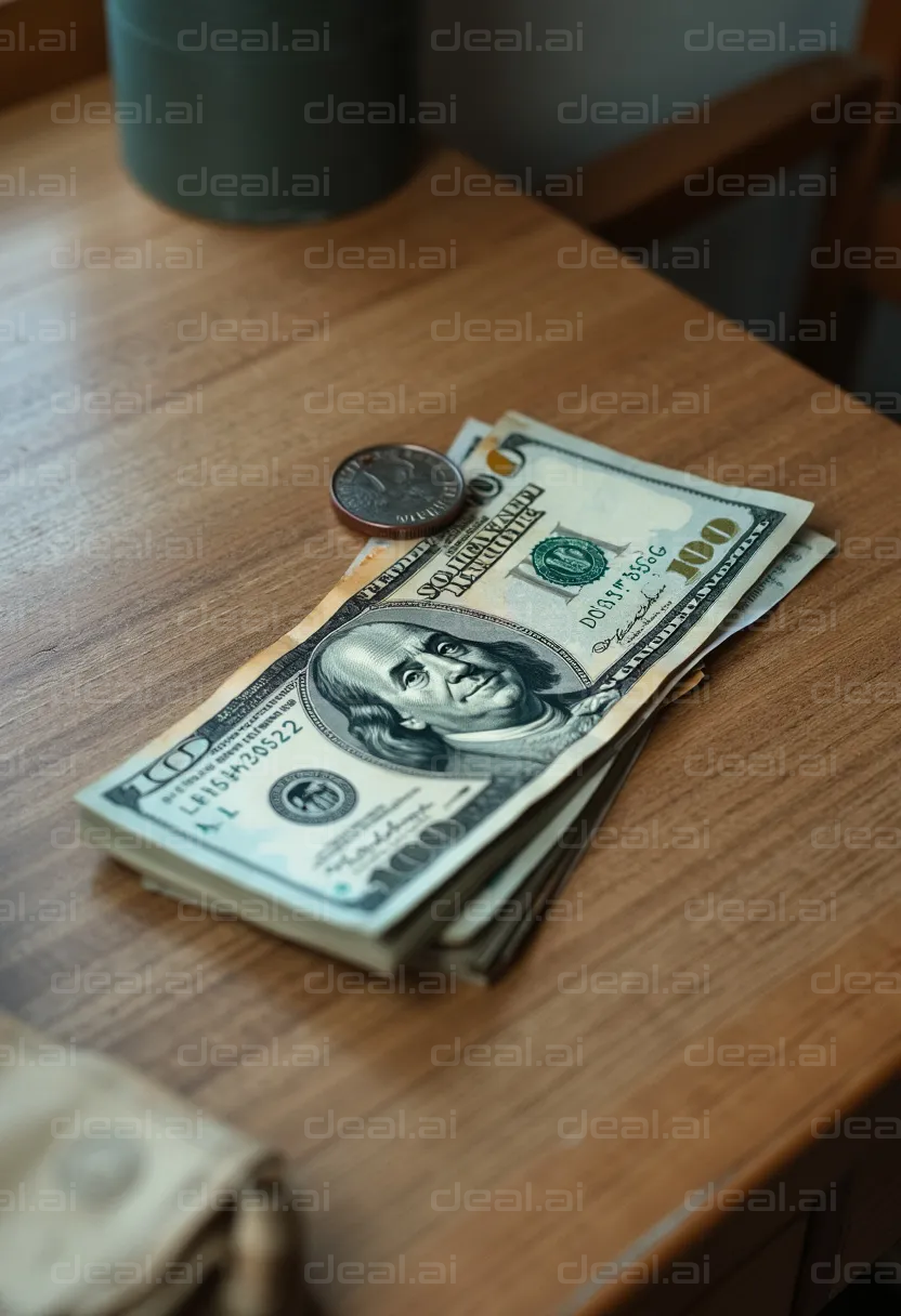 Stack of Cash and Coins on Table