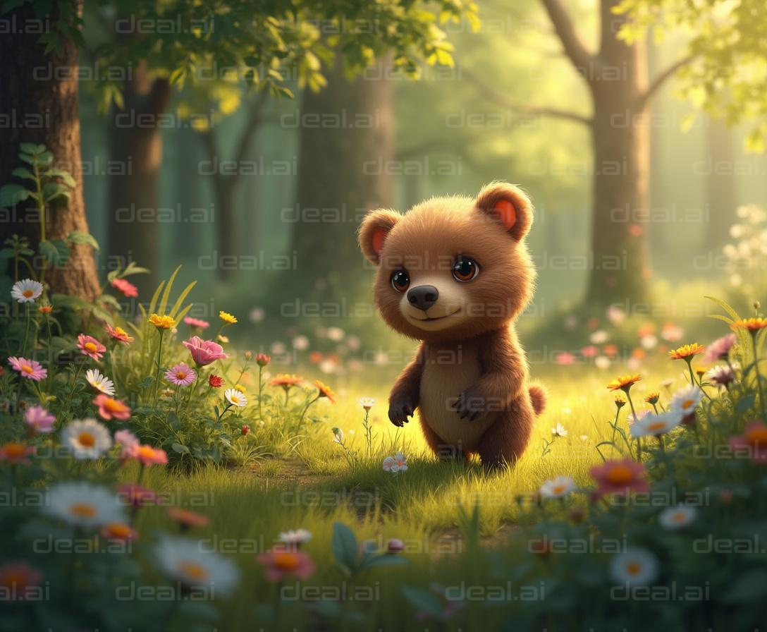 "Adorable Bear Cub in Sunlit Forest"