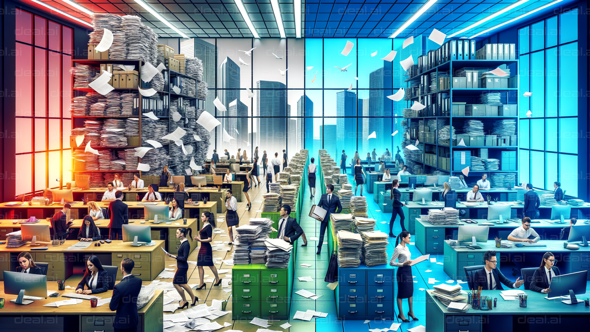 "Chaotic Office With Flying Papers"