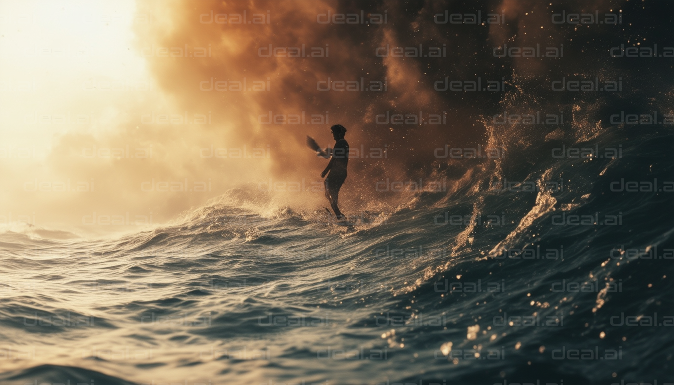 Surfer Riding Waves at Sunset