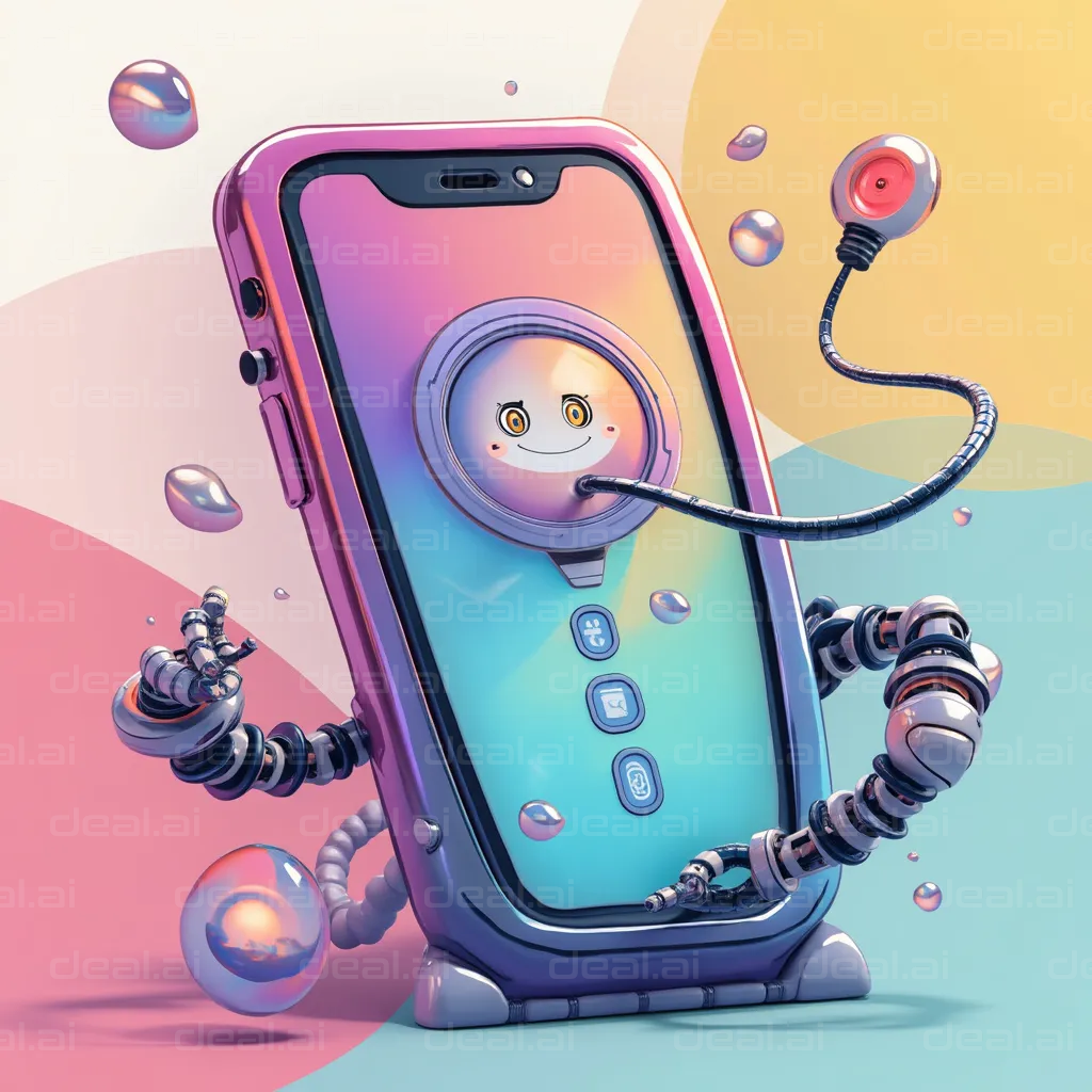 "Smiling Robot Phone Character"