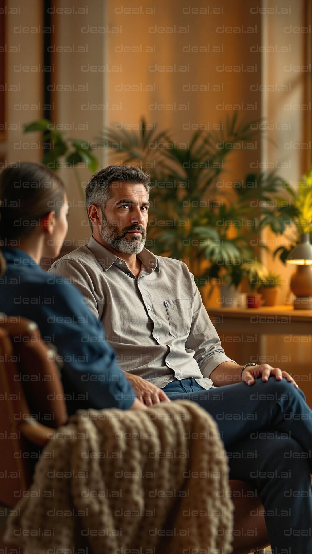 Thoughtful Conversation in Cozy Room