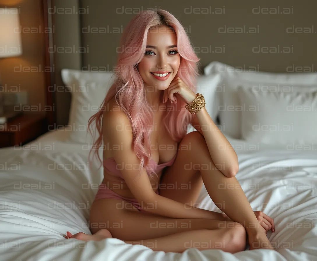 Woman with Pink Hair on White Bed