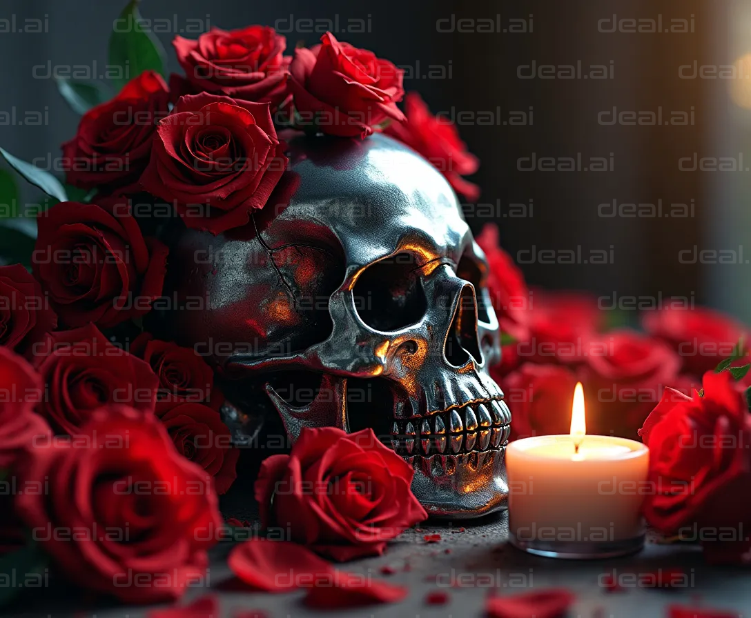 "Skull and Red Roses with Candlelight"