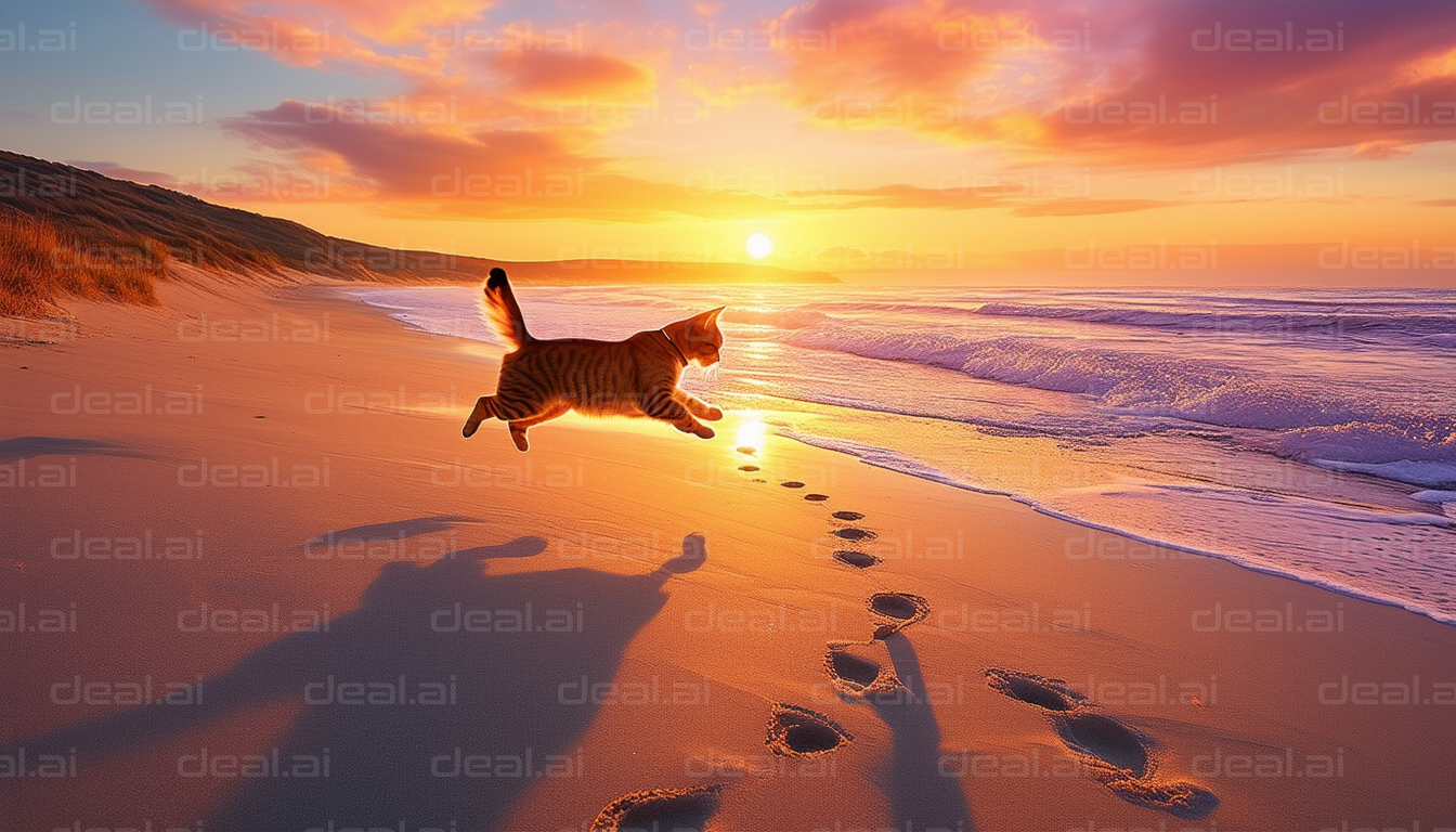 "Cat Leaping in Sunset Beach Bliss"