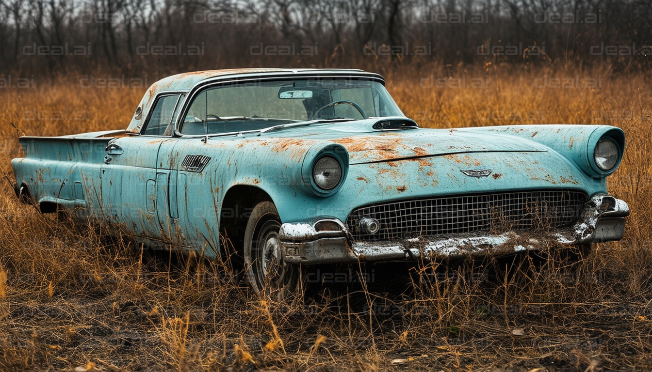 "Abandoned Classic Car in Overgrown Field"