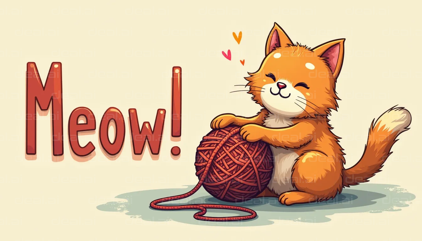 Happy Cat Playing with Yarn Ball