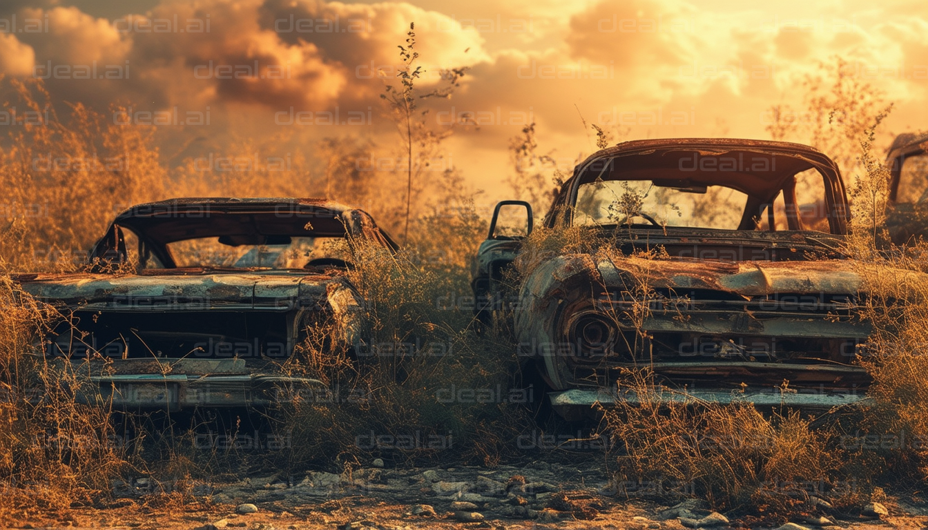 "Abandoned Cars at Sunset"