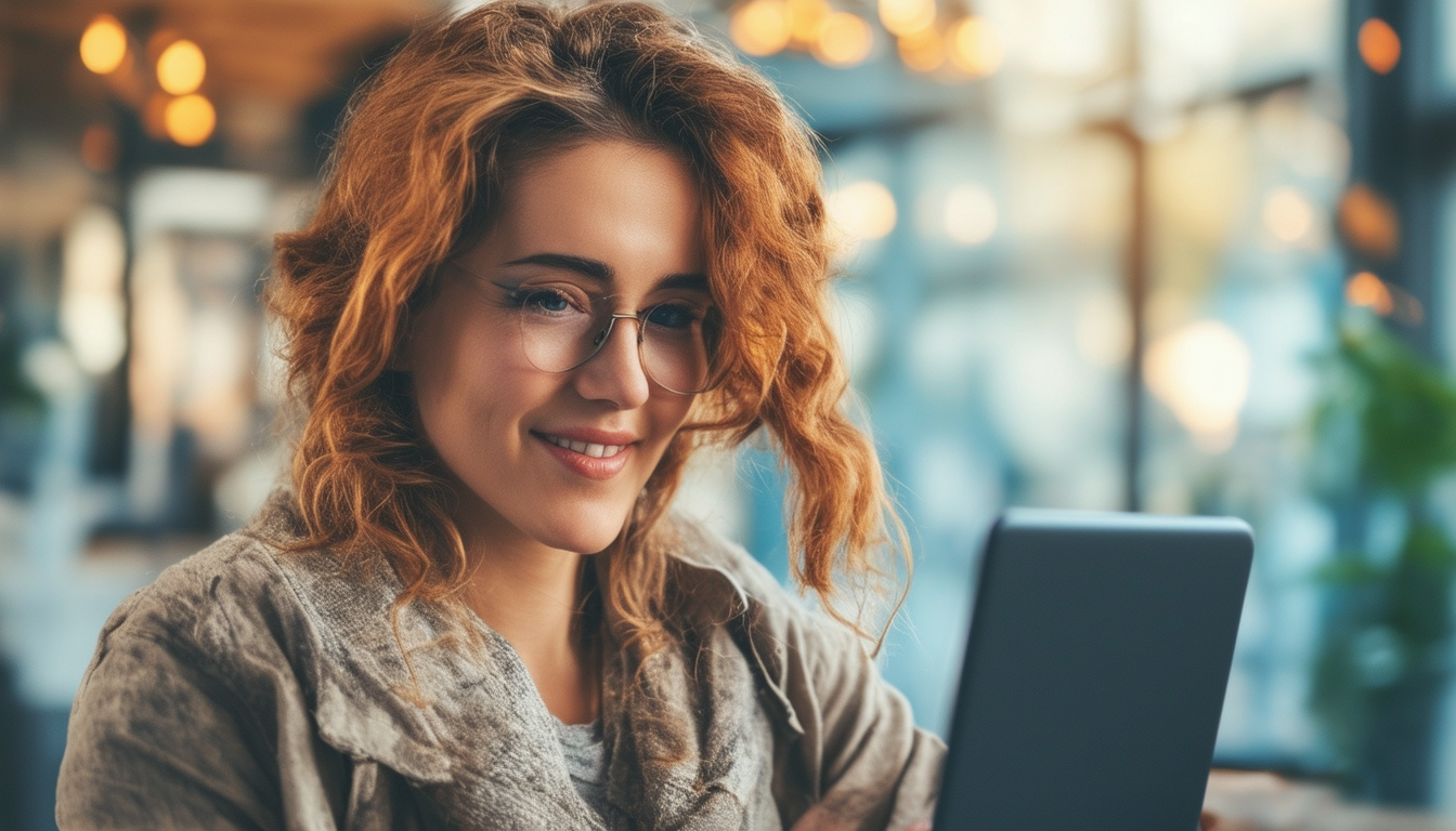 Smiling Woman Working on Laptop in Café