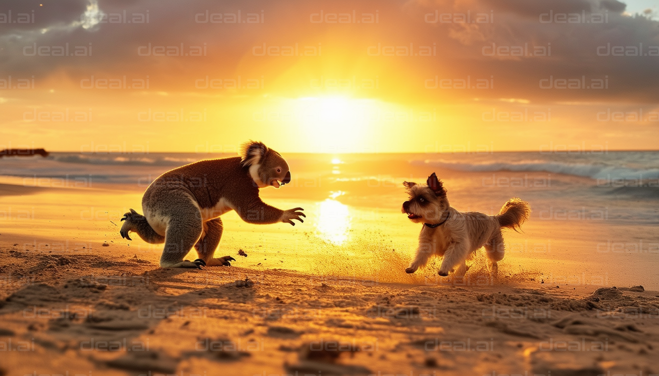 Koala and Dog Play at Sunset Beach