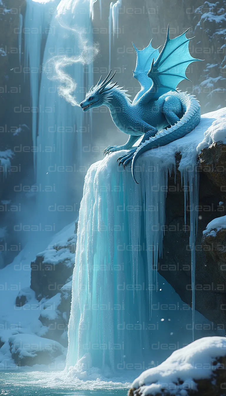 "Ice Dragon Over Frozen Waterfall"