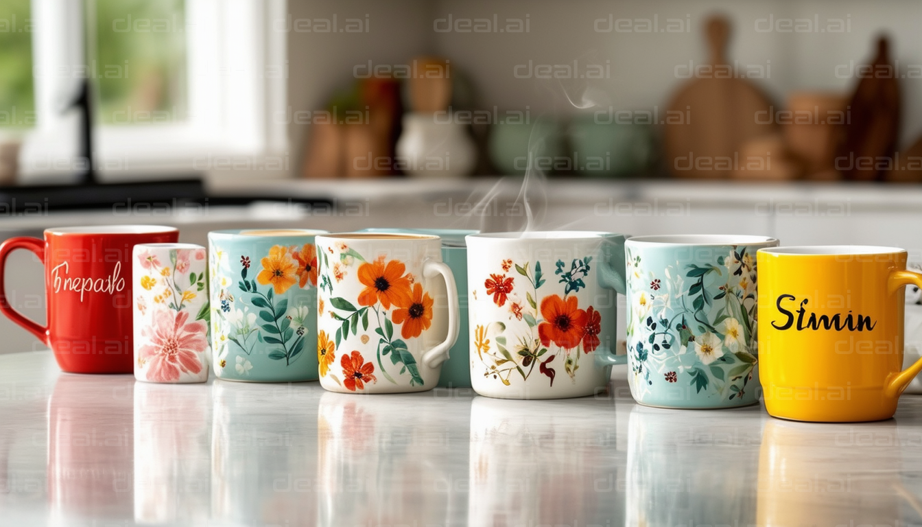 Colorful Floral Mugs on a Kitchen Counter
