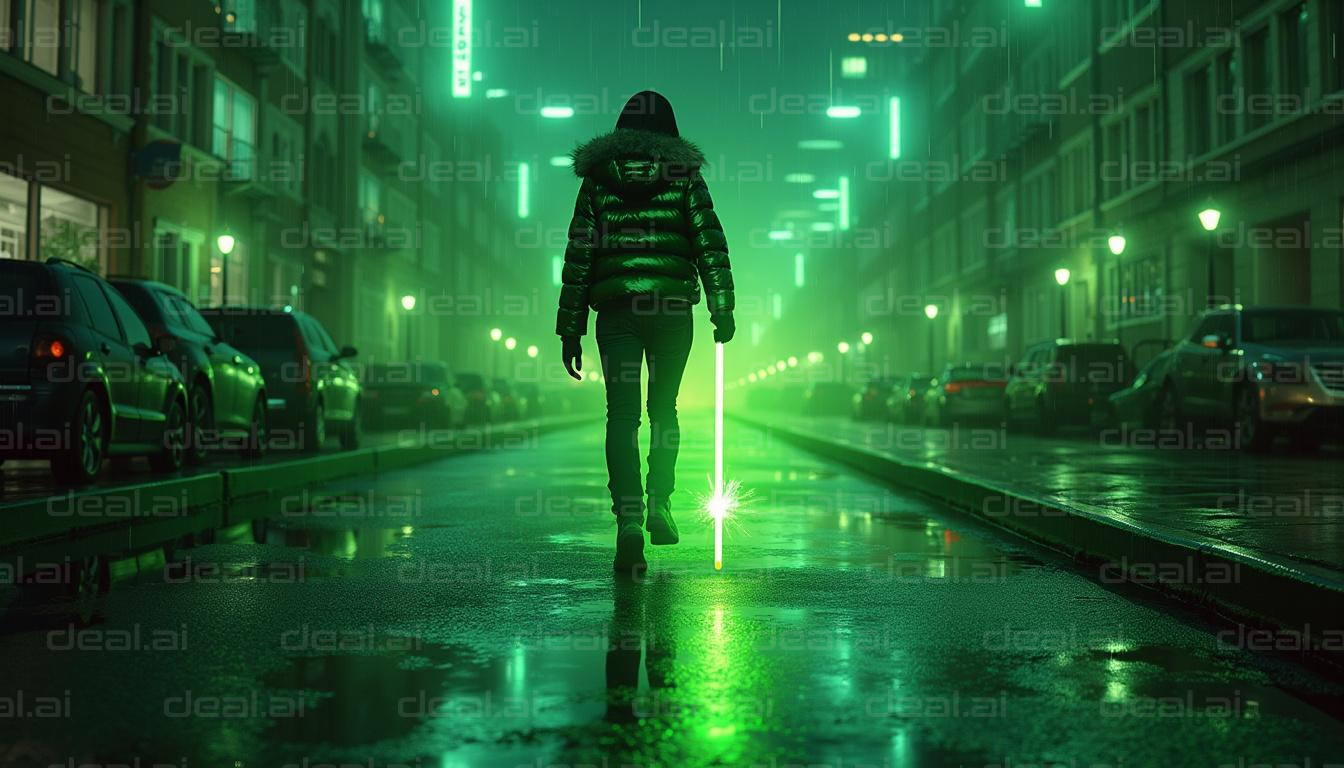 "Green Glow in a Rainy City Street"