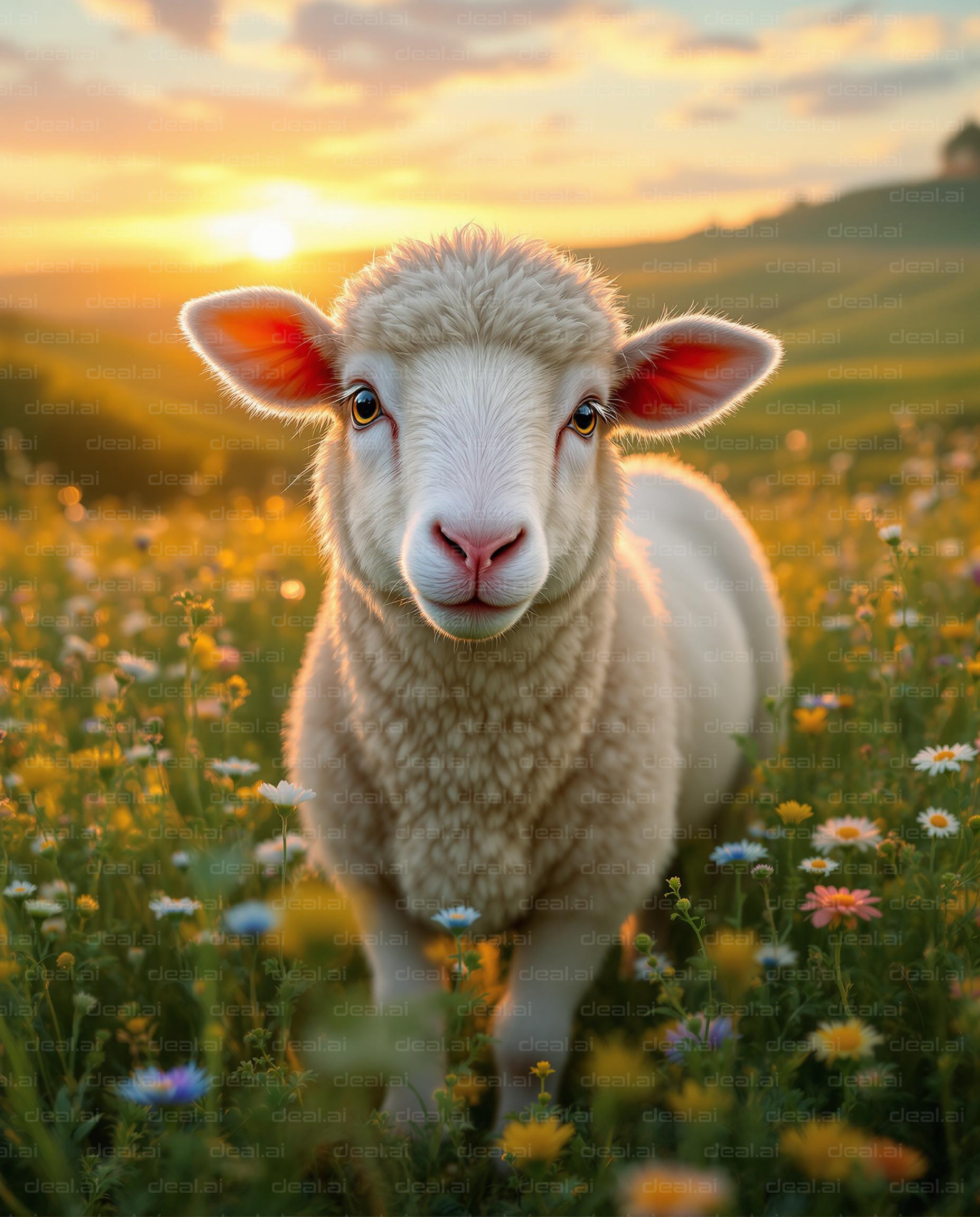 "Lamb in Sunlit Meadow Bliss"
