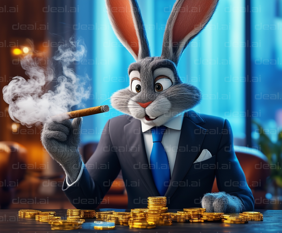 Bunny in a Suit Smoking Cigar with Coins