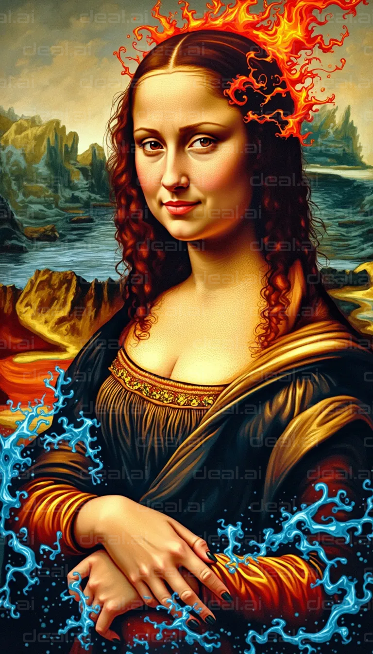 "Mona Lisa with Fire and Water Elements"