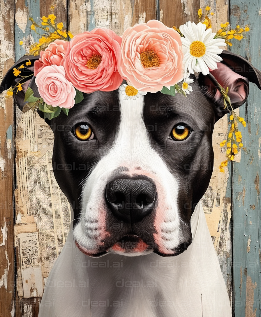 "Dog with Flower Crown Against Wooden Wall"