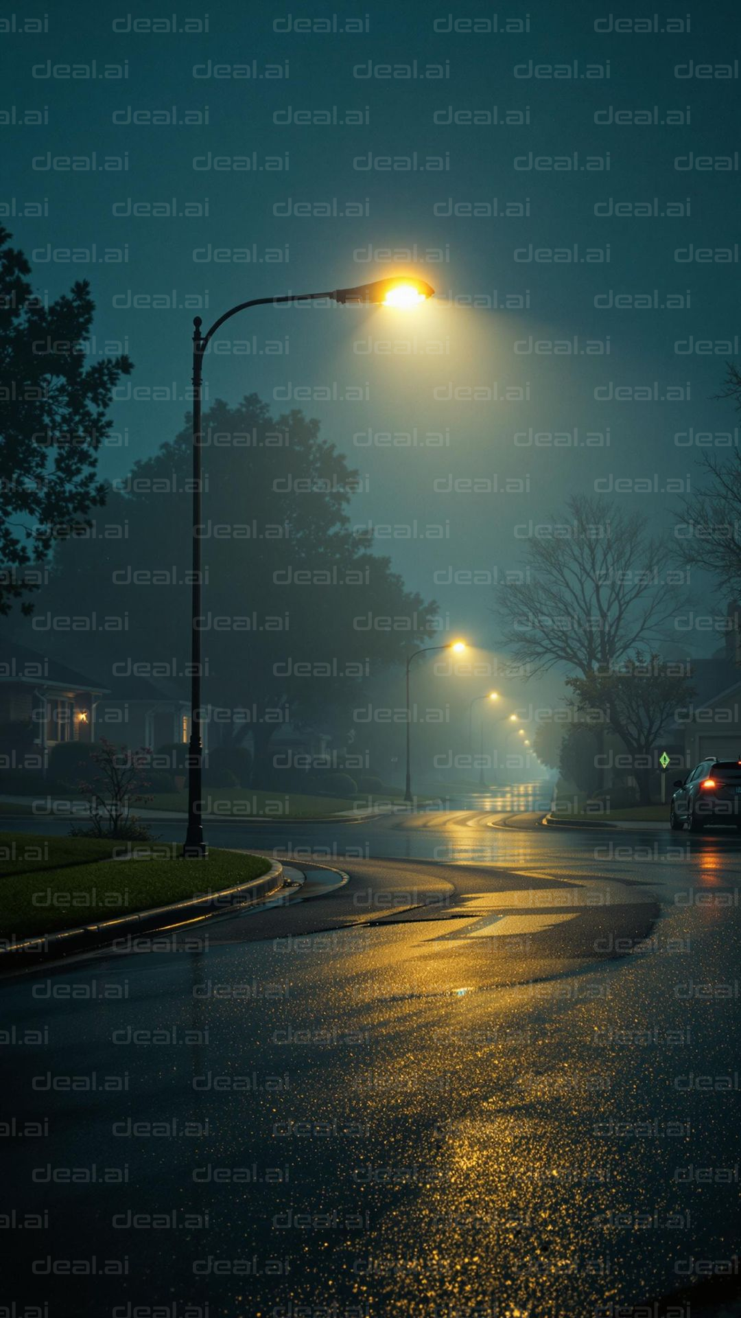 Foggy Streetlit Night Scene