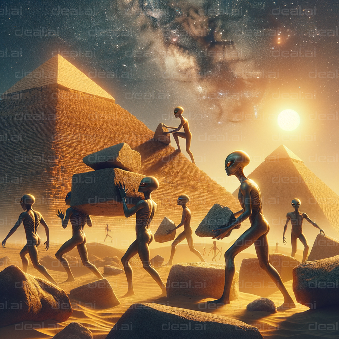 "Aliens Building Pyramids at Sunset"