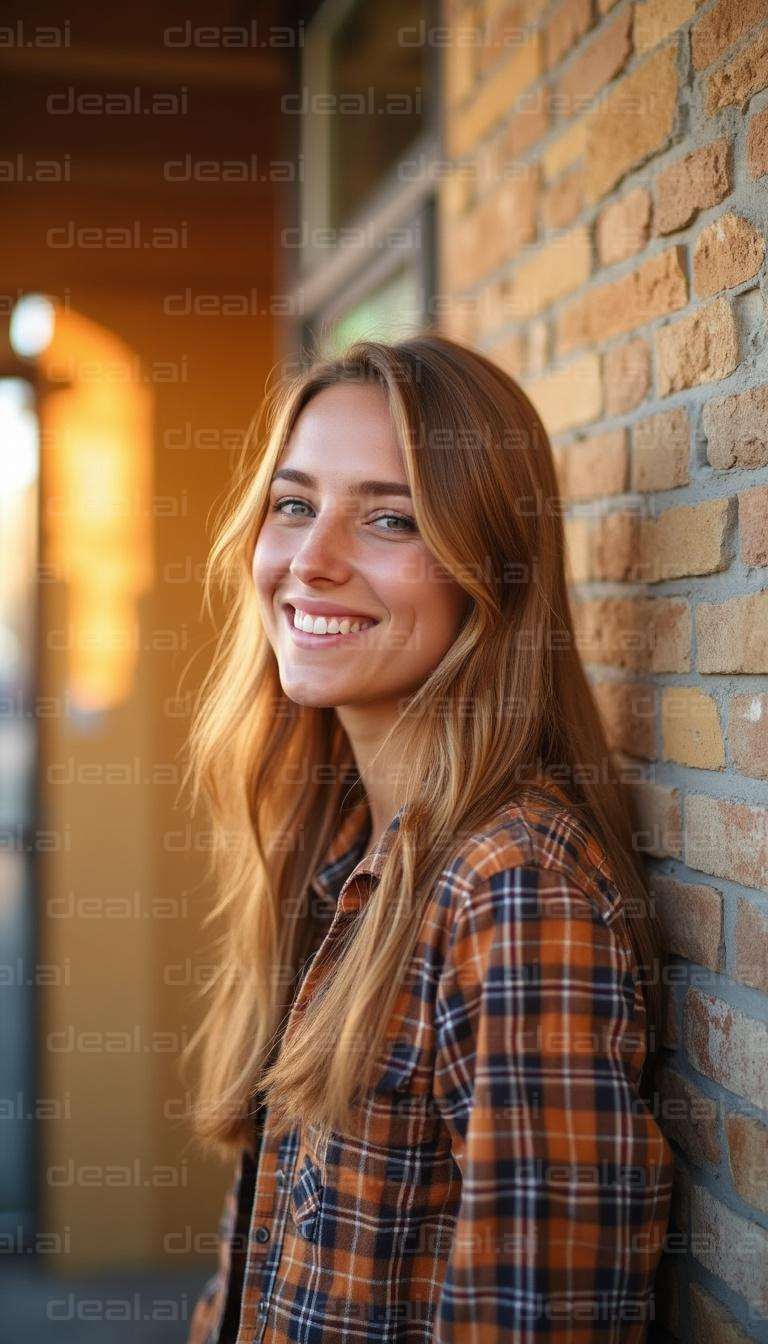 Young Woman Smiling Against Brick Wall