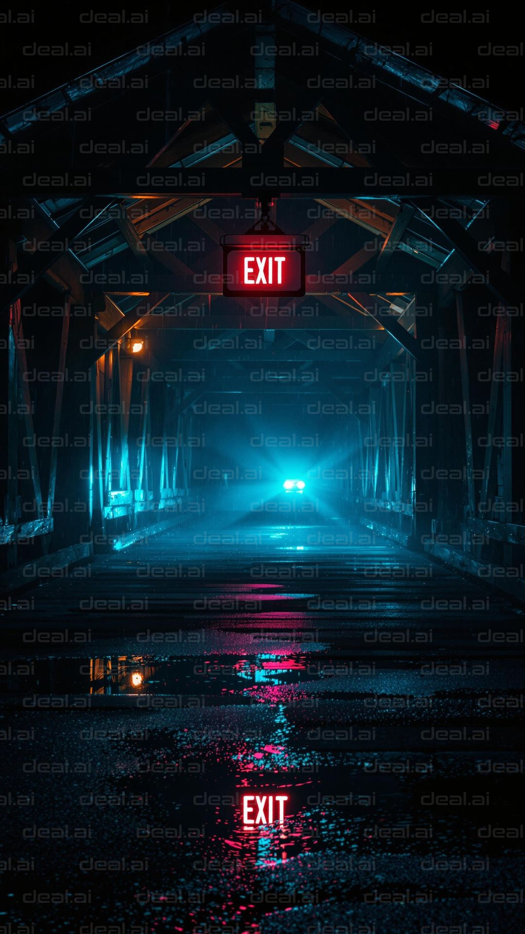 "Neon Exit in the Night Tunnel"