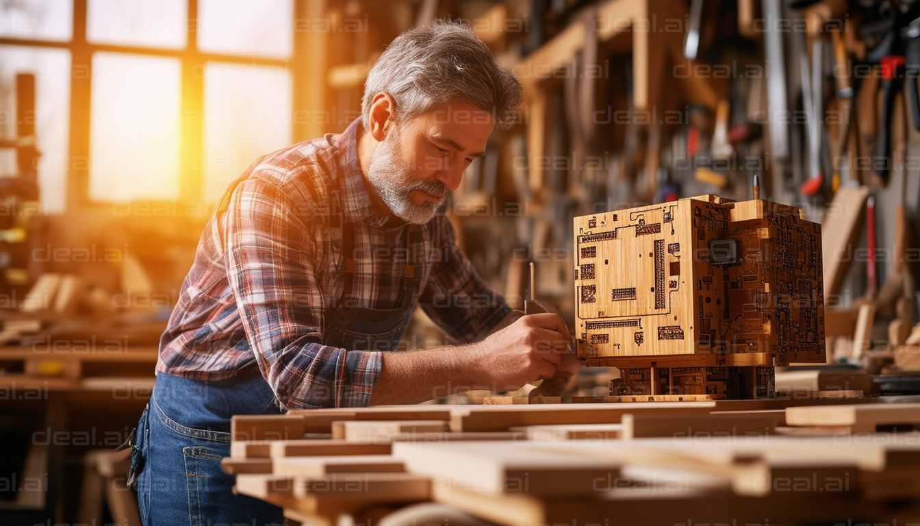 "Crafting Wooden Circuit Boards in Workshop"