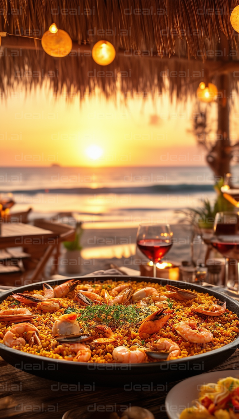 Beachside Seafood Paella at Sunset