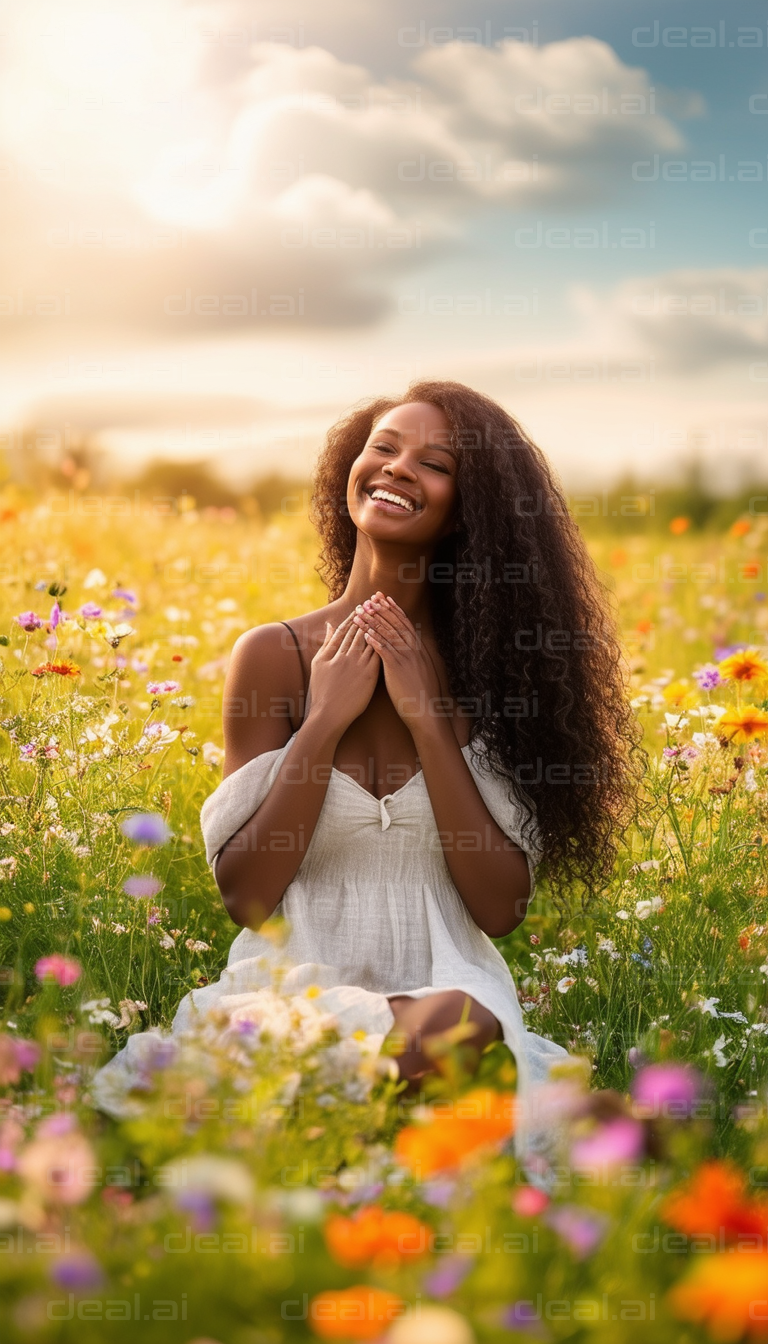 "Joyful Woman in Flower Field"