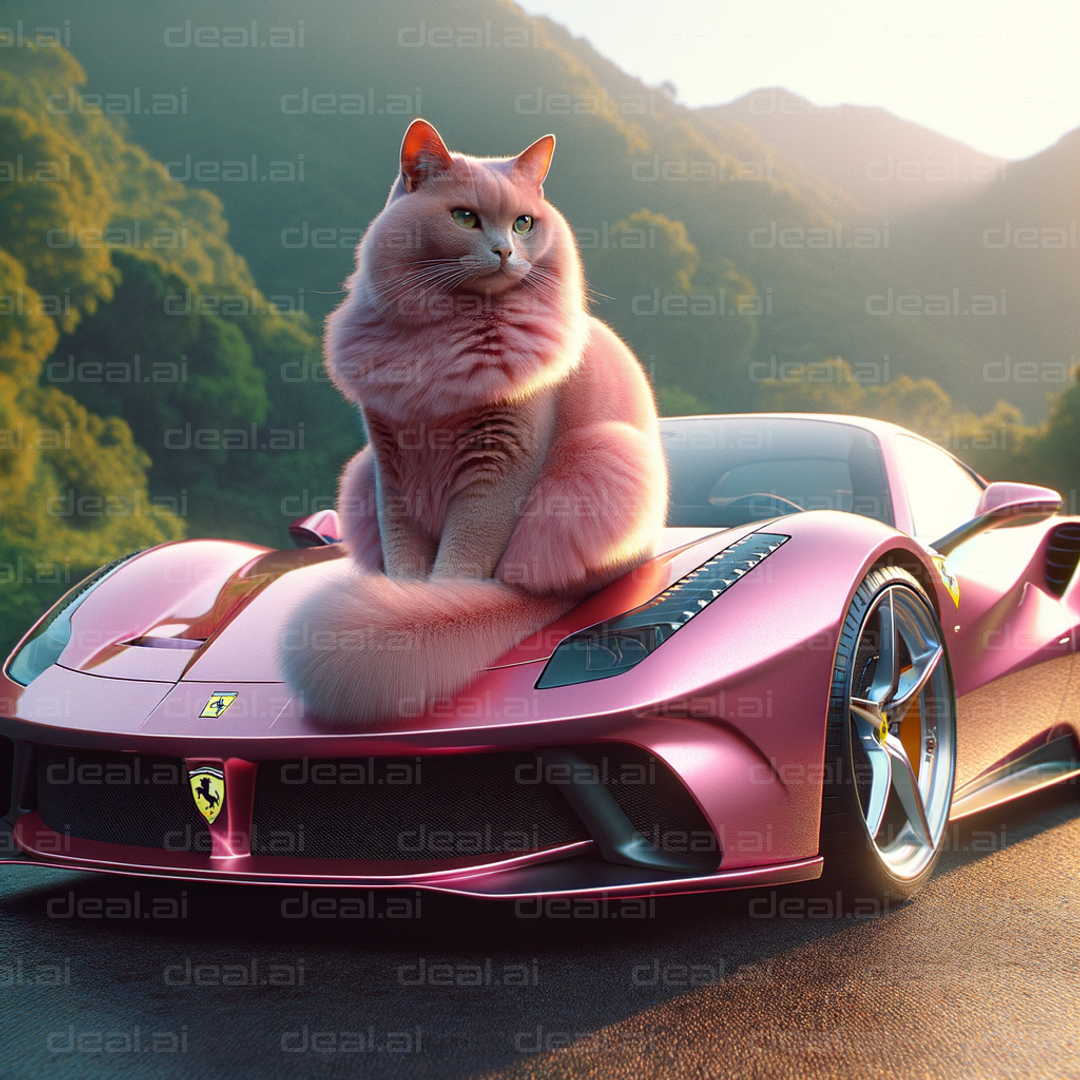 "Pink Cat on Pink Sports Car"