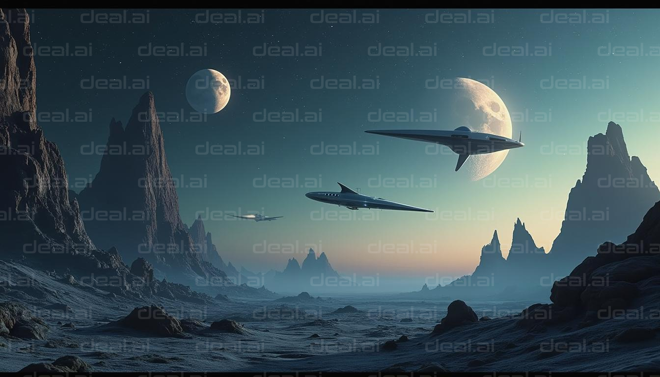 "Spaceships Over Alien Landscape"