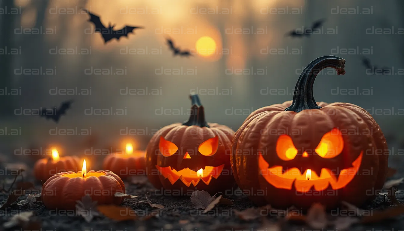 "Spooky Jack-O'-Lanterns and Bats at Dusk"