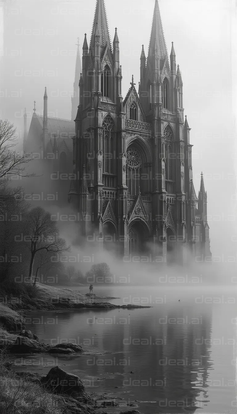 Gothic Cathedral Shrouded in Mist