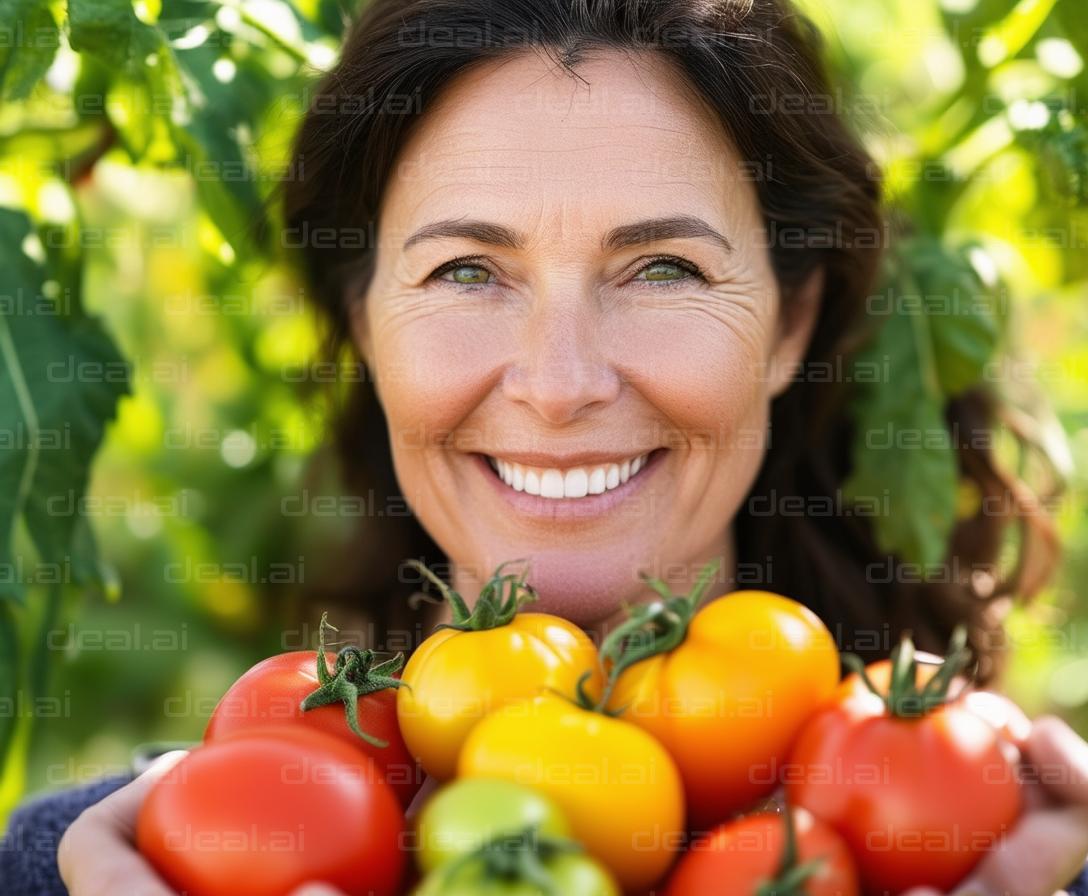 Smiling Woman with Fresh Tomatoes