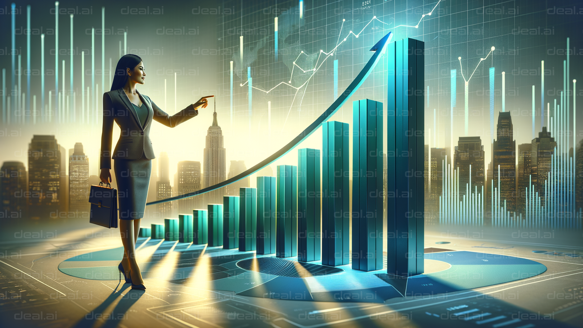 "Businesswoman and Rising Graph in City."