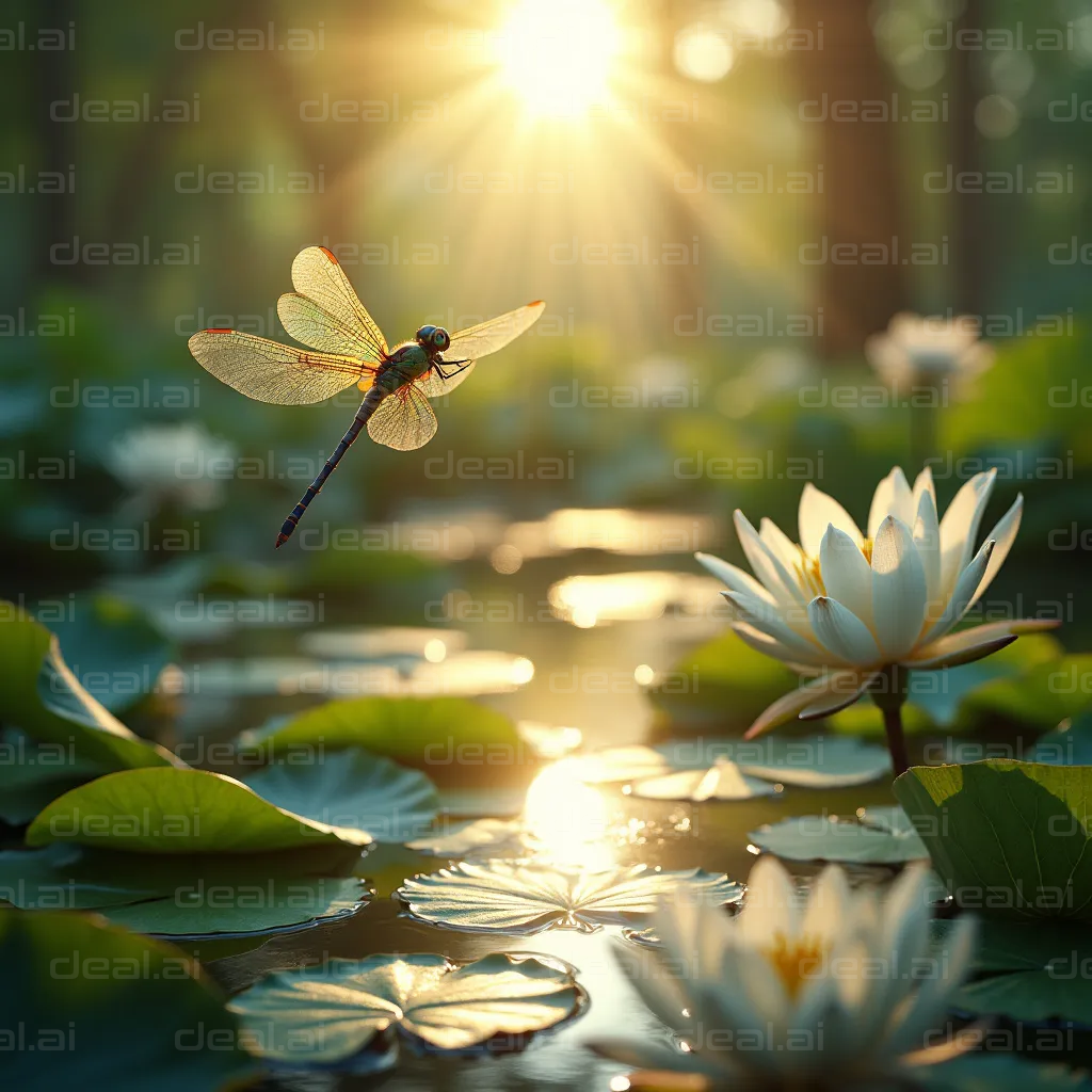 "Dragonfly's Garden Odyssey at Sunrise"