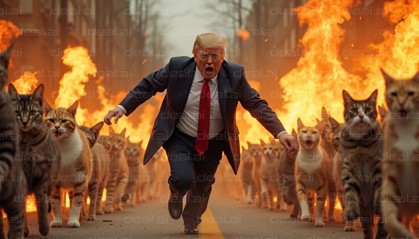 Man Running Through Fire with Cats