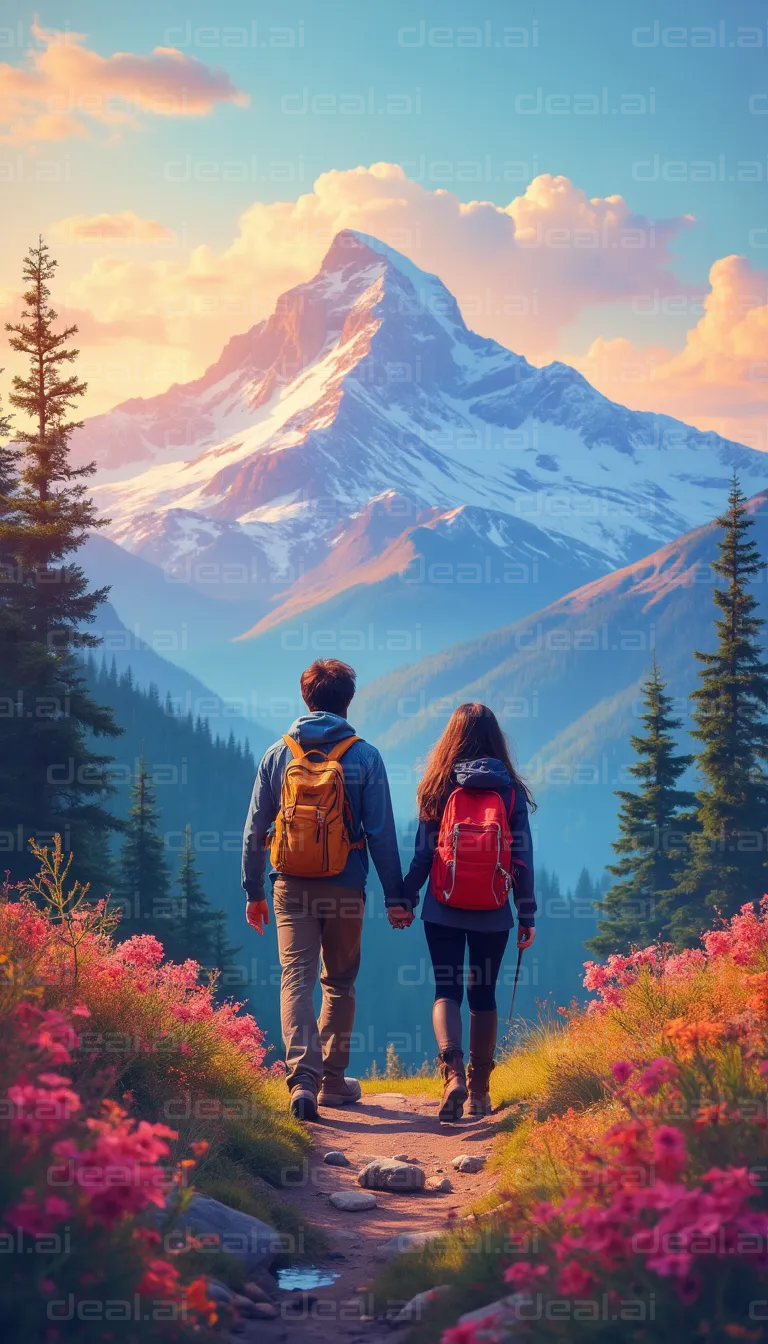 "Couple Hiking Towards Snowy Mountain"