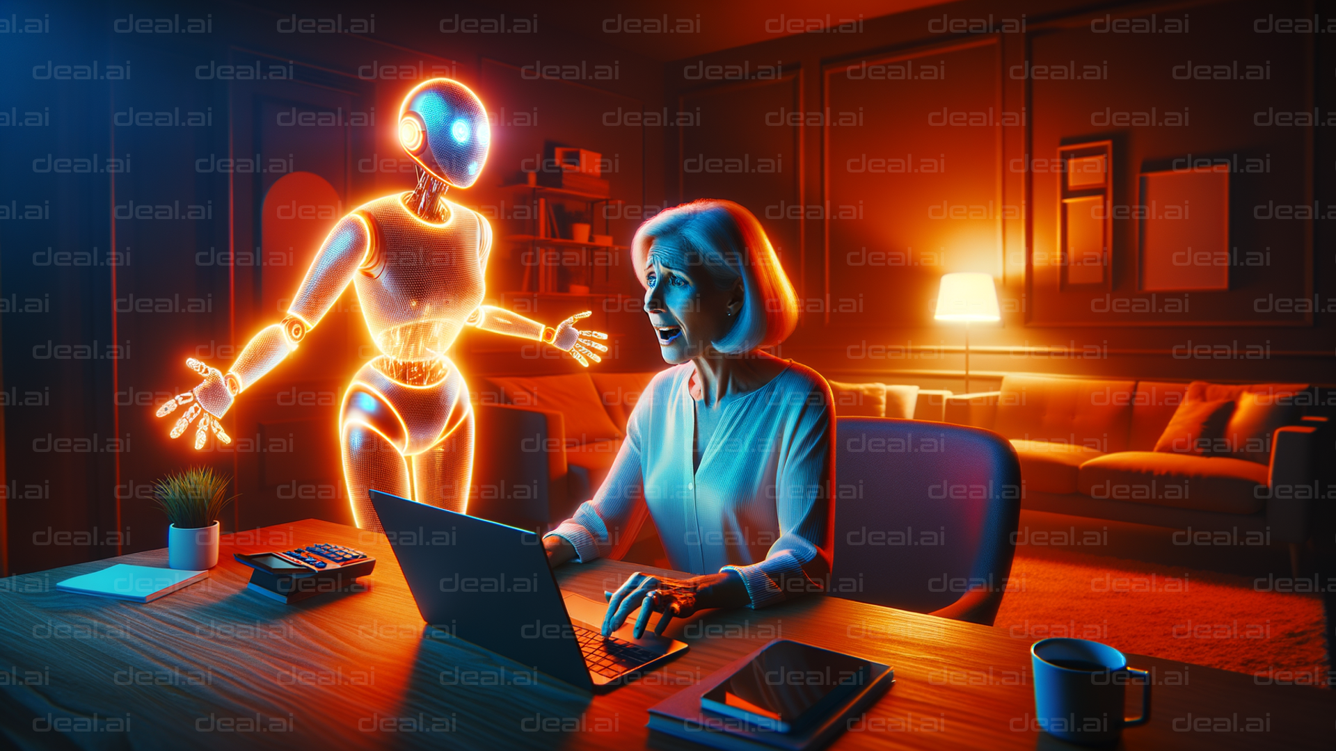Surprised Woman Meets Virtual Robot Assistant