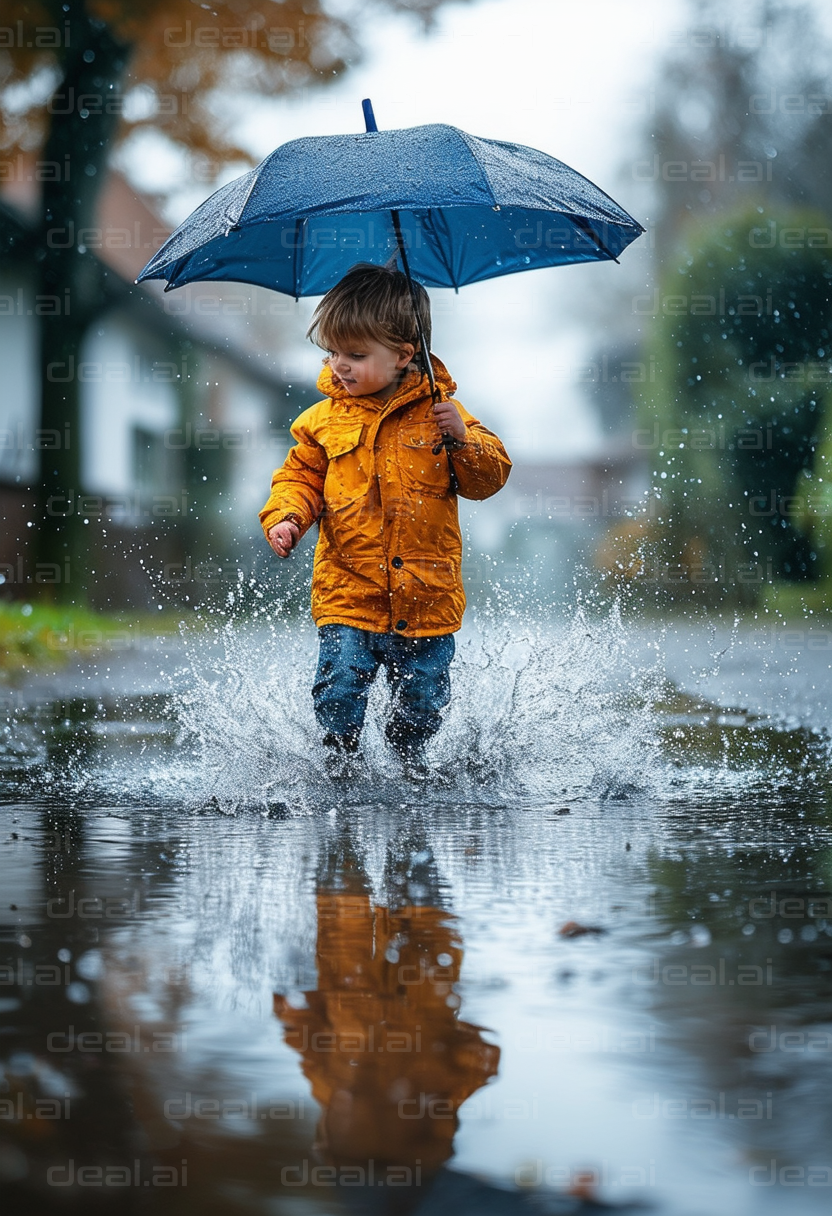 Child's Joyful Splash on a Rainy Day