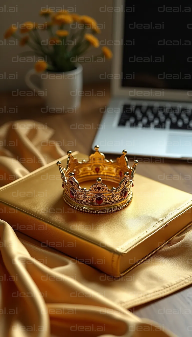 "Golden Crown on Satin and Desk"