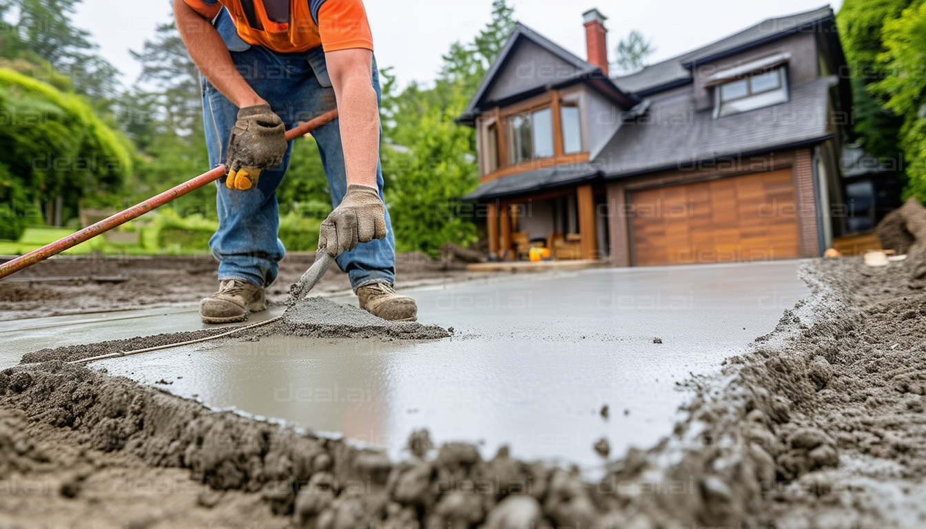 Worker Pouring Concrete Driveway