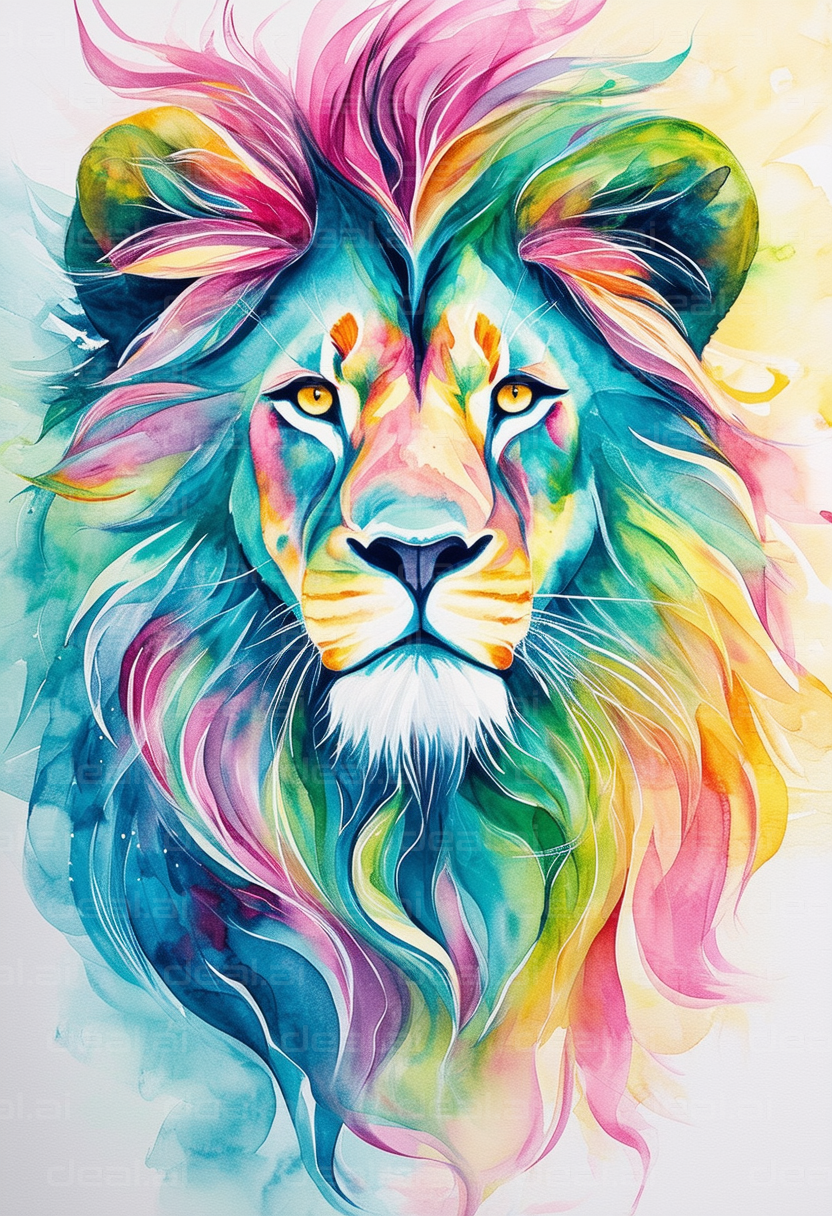 "Vibrant Watercolor Lion Portrait"