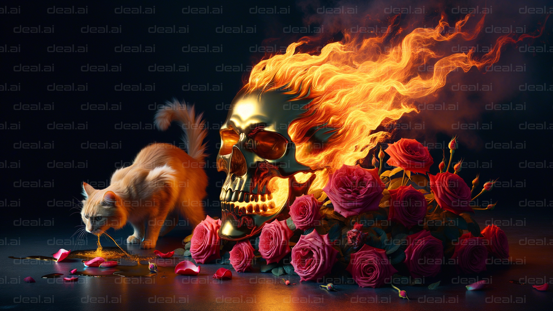 Fiery Skull, Roses, and Curious Cat